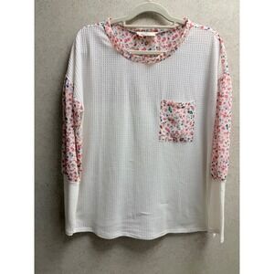 Hopley Womens  Waffle Knit Floral Pocket Boho Festival Ballon Sleeve‎ Blouse